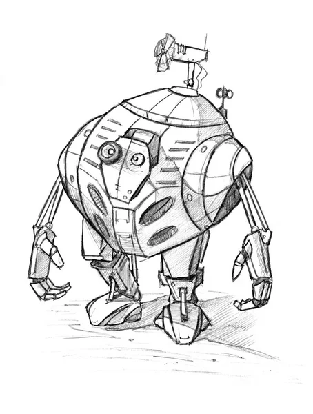 Zwarte Grunge ruwe Pencil Sketch van leuke grappige Robot — Stockfoto