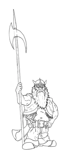 Black Ink Hand Drawing of Fantasy Dwarf Warrior with Halberd Axe — Stock Photo, Image