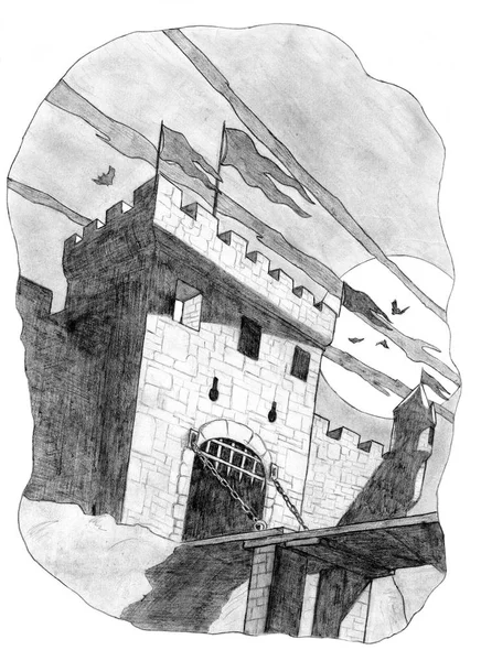 Potlood tekening van kasteel toren en Gate in maanlicht — Stockfoto
