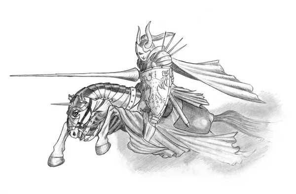 Карандашный рисунок средневекового или фантастического рыцаря верхом на лошади с копьем — стоковое фото