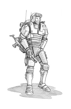 Black Grunge Rough Ink Sketch of Future Sci-Fi Soldier clipart