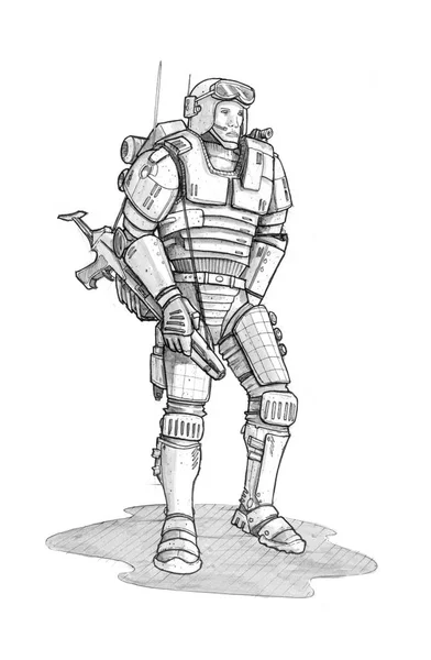 Zwarte Grunge ruwe inkt schets van toekomstige Sci-Fi soldaat — Stockfoto