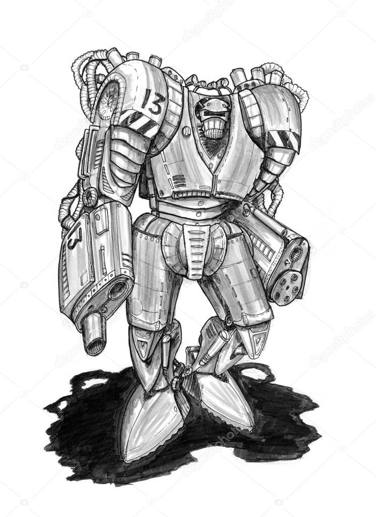 Black Grunge Rough Ink Sketch of Dangerous Armed Robot Soldier
