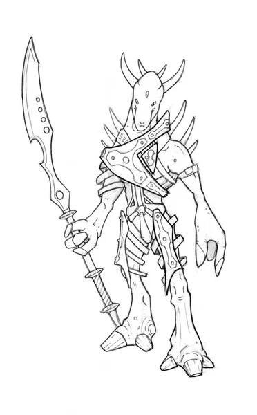 Black Grunge Rough Pencil Sketch of Alien or Fantasy Warrior in Armor — Stock Photo, Image