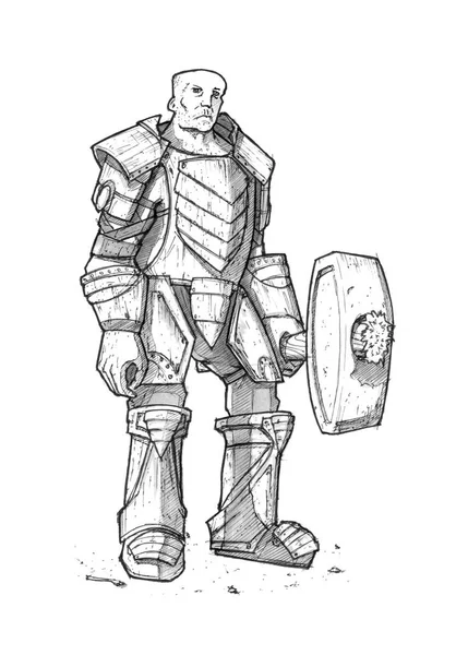 Zwarte inkt tekening van Fantasy Warrior Knight in pantser met de moker of Maul — Stockfoto