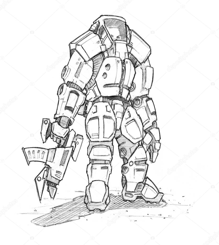 Black Grunge Rough Pencil Sketch of Future Sci-Fi Soldier In Exoskeleton Suit