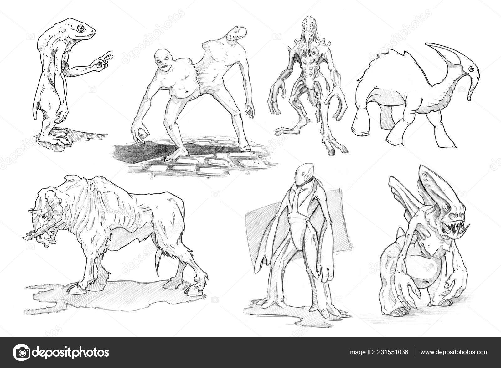 Conjunto de dibujos a lápiz o tinta de varios monstruos de fantasía o ciencia  ficción Ilustración de stock #231551036 de ©ursus@zdeneksasek.com, image size:1600x1176
