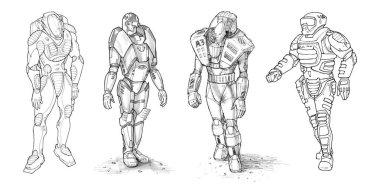 Set of Rough Ink Drawings of Various Characters in Sci-fi Suit clipart