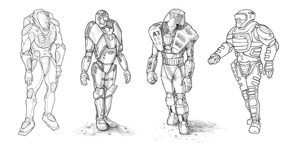 Set di disegni a inchiostro grezzo di vari personaggi in tuta sci-fi — Foto Stock
