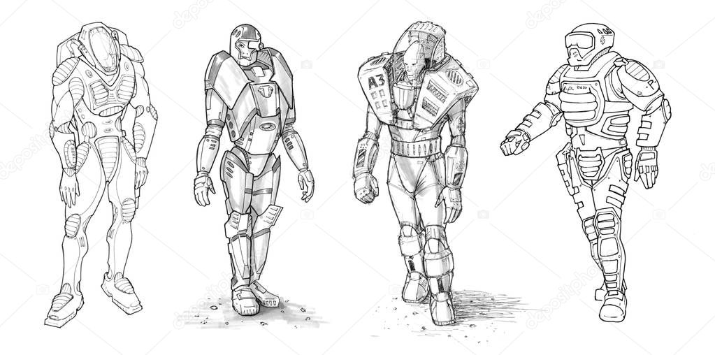 Set of Rough Ink Drawings of Various Characters in Sci-fi Suit
