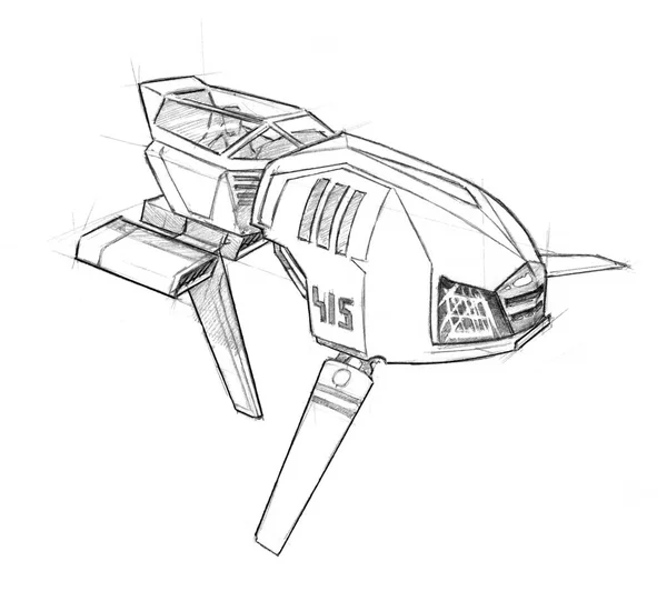 Inkt Concept Art tekening van futuristische ruimteschip of vliegtuigen — Stockfoto