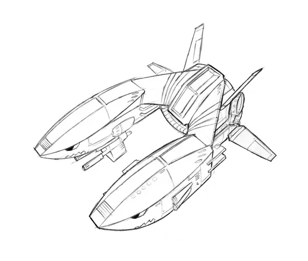 Inkt Concept Art tekening van futuristische ruimteschip of vliegtuigen — Stockfoto