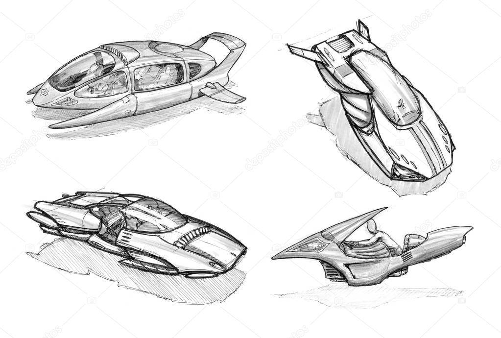 Set of Ink Concept Art Drawings of Futuristic Hoover or Flying Cars or Vehicles