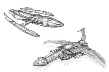 Mürekkep konsept Sanat Çizim, iki fütüristik uzay gemileri ya da spacecrafts