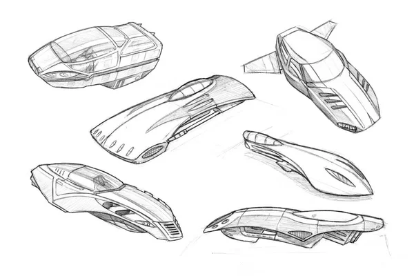 Set of Pencil Concept Art Drawings of Futuristic Hoover or Flying Cars or Vehicles — Stock Photo, Image