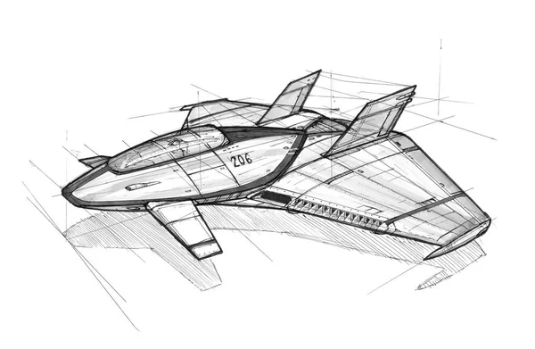 Inkt Concept Art tekening van futuristische ruimteschip of vliegtuigen — Stockfoto
