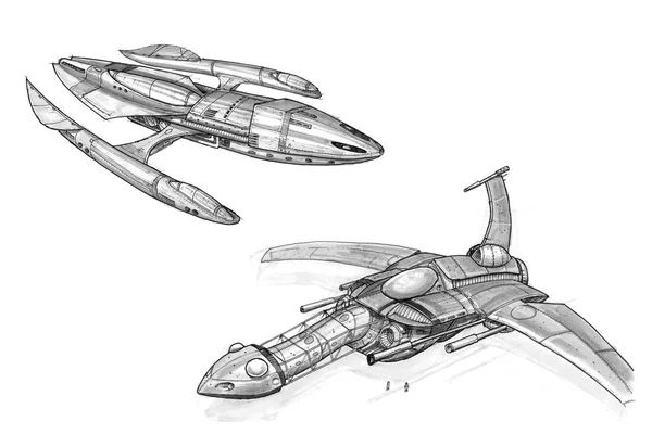 Dessin d'art conceptuel à l'encre de deux vaisseaux spatiaux ou engins spatiaux futuristes — Photo