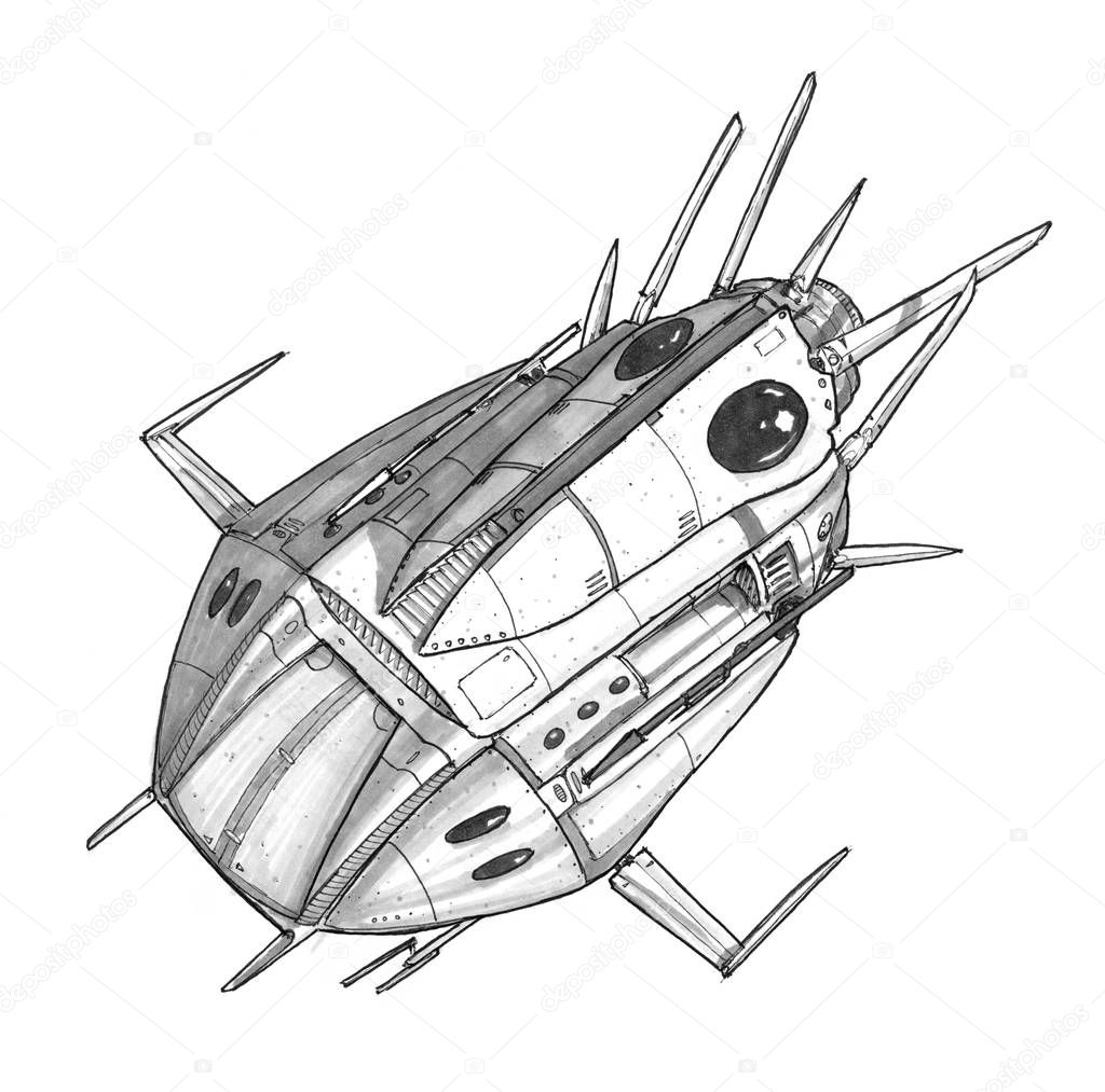 Ink Concept Art Drawing of Futuristic SpaceShip