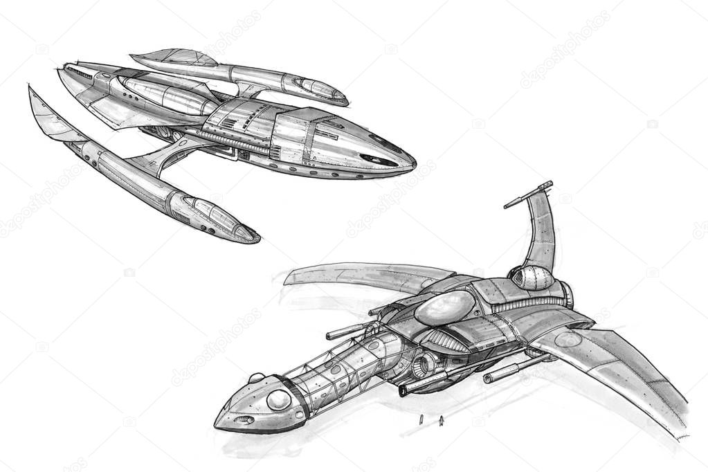 Ink Concept Art Drawing of Two Futuristic Spaceships or spacecrafts