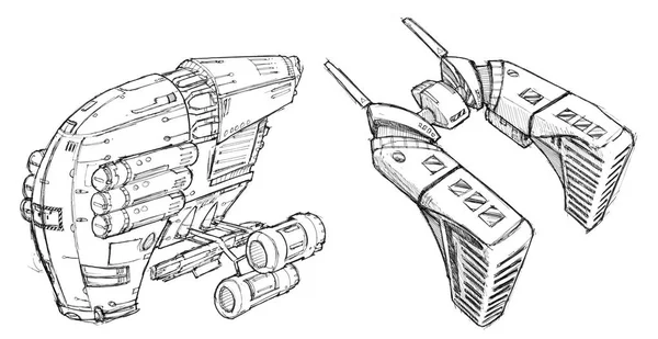 Ink Concept Art Drawing of Two Futuristic Spaceships or spacecrafts — Stock Photo, Image