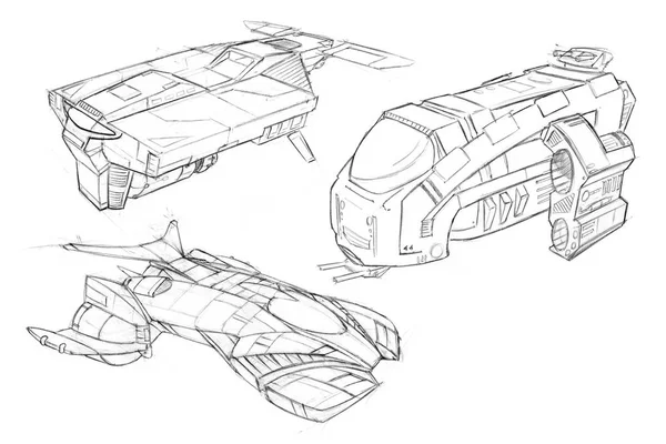 Рисунок набора футуристических космических кораблей или космических аппаратов — стоковое фото