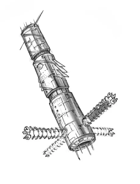 Ink Concept Art Drawing of Futuristic Spacestation or Space Station — Stock Photo, Image