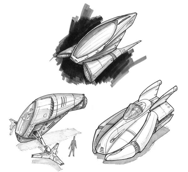 Inkt Concept Art tekening van instellen van futuristische ruimteschepen of ruimtetuigen — Stockfoto