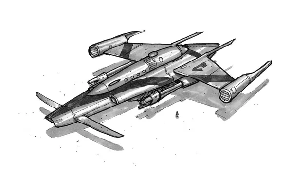 Inkt Concept Art tekening van futuristische ruimteschip- en ruimtevaartuigen — Stockfoto