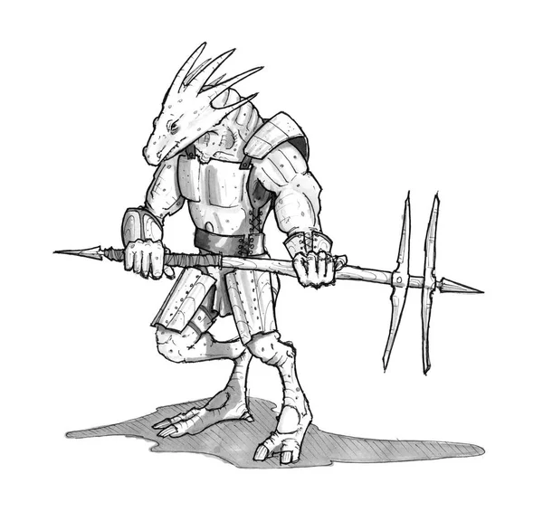Ink Concept Art Drawing of Lizard Warrior in Armor — Stock Photo, Image