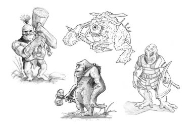 Kalem ve mürekkep çizimleri çeşitli fantastik canavarlar kümesi
