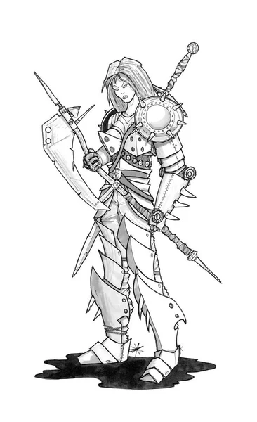 Ink Concept Art Drawing of Fantasy Woman Warrior in Armor With Ax — Stock Photo, Image