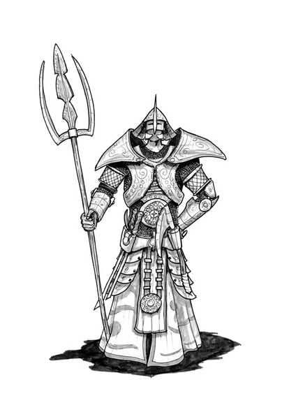 Ink Concept Art Drawing of Fantasy Ceremony Guardian in Full Armor and Helmet — Stock Photo, Image