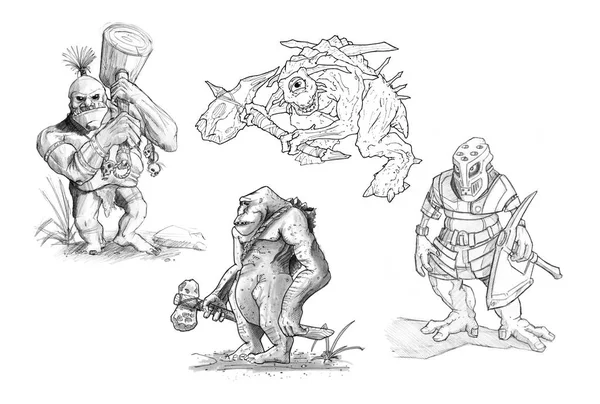 Set di disegni a matita o inchiostro di vari mostri fantasy — Foto Stock
