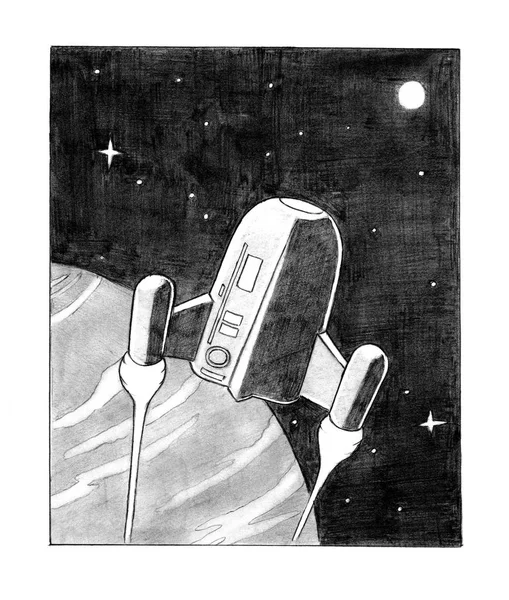 Dibujo a lápiz de la nave espacial de ciencia ficción en la órbita del planeta — Foto de Stock