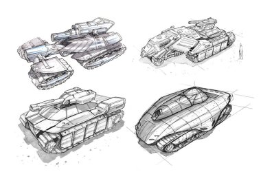 Siyah mürekkep konsept Sanat Çizim Sci-fi gelecekteki Askeri Tank tasarım kümesi