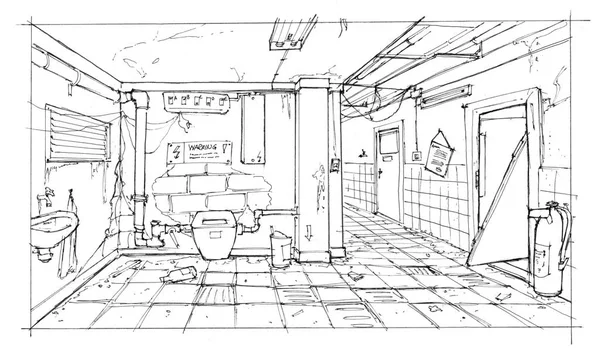 Inkt tekening van verlaten en verlaten interieur Corridor — Stockfoto