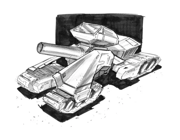 Schwarz Weiß Grobe Tinte Konzeptkunst Zeichnung Von Science Fiction Zukunft — Stockfoto