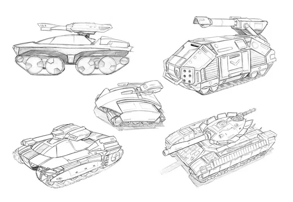 Black Pencil Concept Art Drawing of Set of Sci-fi Future Military Tank Designs — Stock Photo, Image