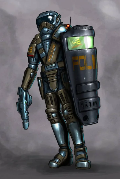 Concept Art Science Fiction Painting of Policeman in Armor With Shield and Gun — Stock Photo, Image