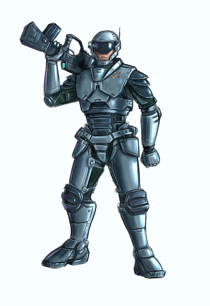 Concept Art Science Fiction Illustration du personnage de soldat futuriste en armure avec fusil — Photo