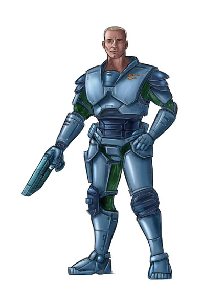 Concetto Art Science Fiction Illustrazione del carattere futuristico del soldato in armatura con pistola — Foto Stock