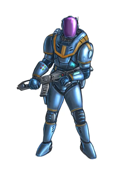 Concept Art Science Fiction Illustration d'un soldat futuriste dans une armure ou un costume et avec un fusil — Photo