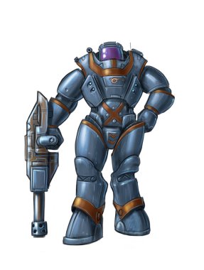 Concept Art Science Fiction Illustration of Futuristic Soldier Character in Heavy Armor or Spacesuit Holding Gun clipart