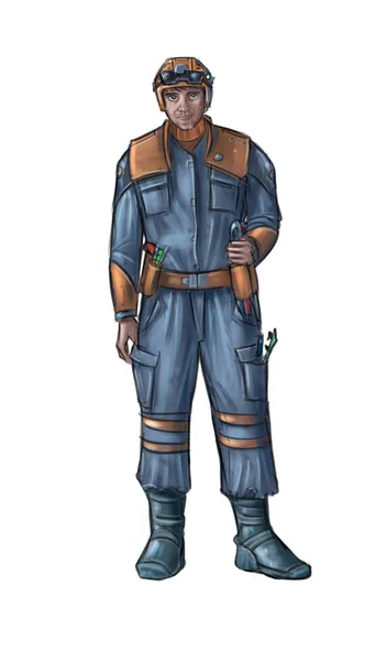 Concept Art Science Fiction Illustration d'un technicien portant un costume ou une combinaison de travail et un casque de sécurité ou un casque de sécurité — Photo