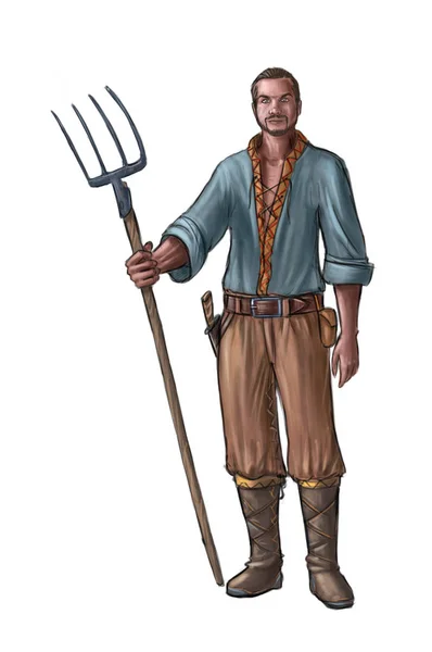 Concept Art Fantasy Illustration of Young Villager, Countryman, Farmer or Village Man With Fork — Fotografie, imagine de stoc