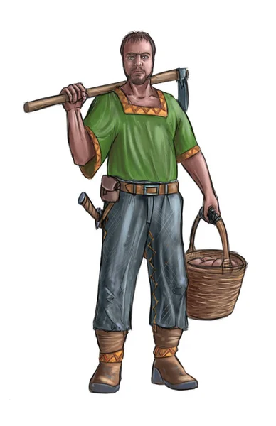 コンセプト アート デジタル絵画やファンタジー村人 村の男 カントリーマンや鍬とバスケットを持って農家のイラスト — ストック写真