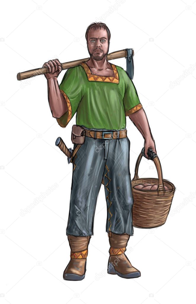 Concept art digital painting or illustration of fantasy villager, village man, countryman or farmer holding hoe and basket .