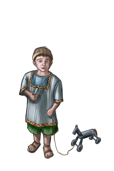 Koncepcyjna ilustracja mały chłopiec z koniem, drewniane zabawki — Zdjęcie stockowe