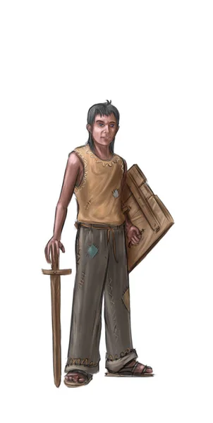 Koncepcyjna ilustracja mały chłopiec z zabawka drewniana tarcza i miecz — Zdjęcie stockowe