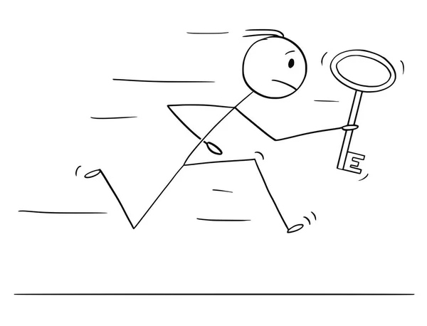 Strichmännchen-Cartoon von Mann oder Geschäftsmann, der mit großem metaphorischen Schlüssel läuft — Stockvektor